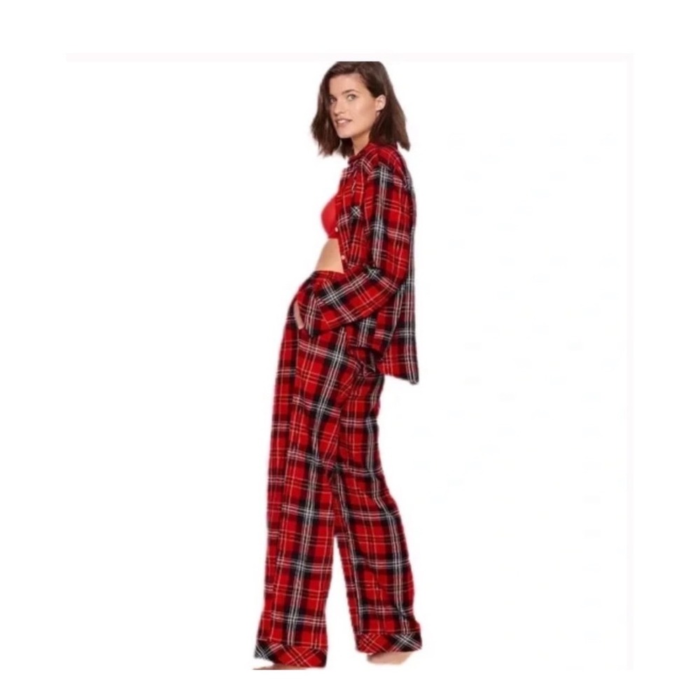 Victoria's Secret Pajama Set Womens XS Red Plaid Flannel Button Up‎ Excellent